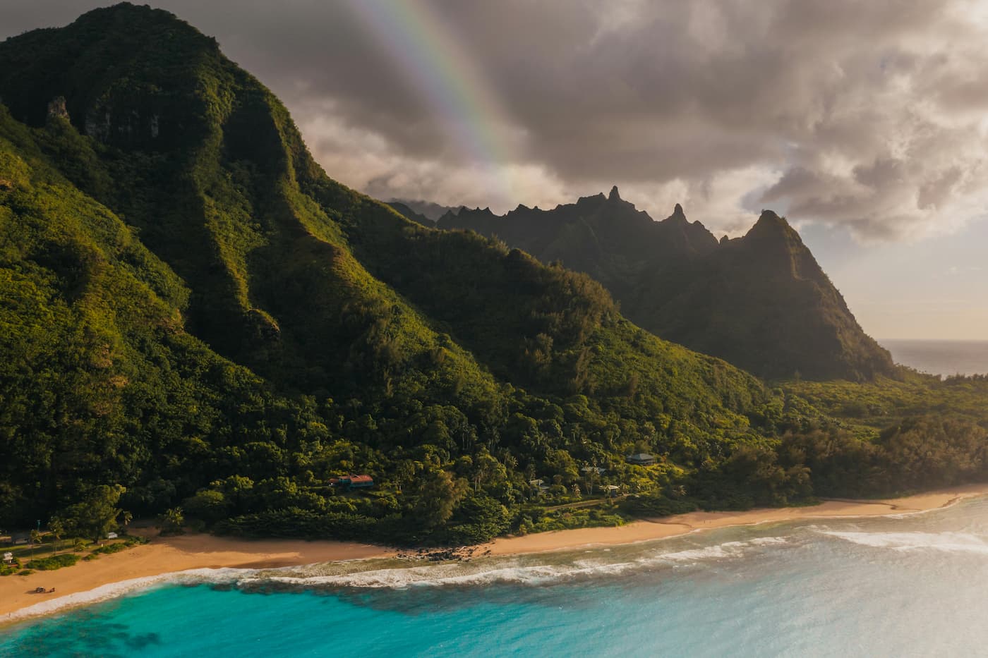 Hawaii mountain and coastline with rainbow